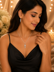 Silver Leaf Cascade Pendant Set – Elegant CZ Necklace & Earrings